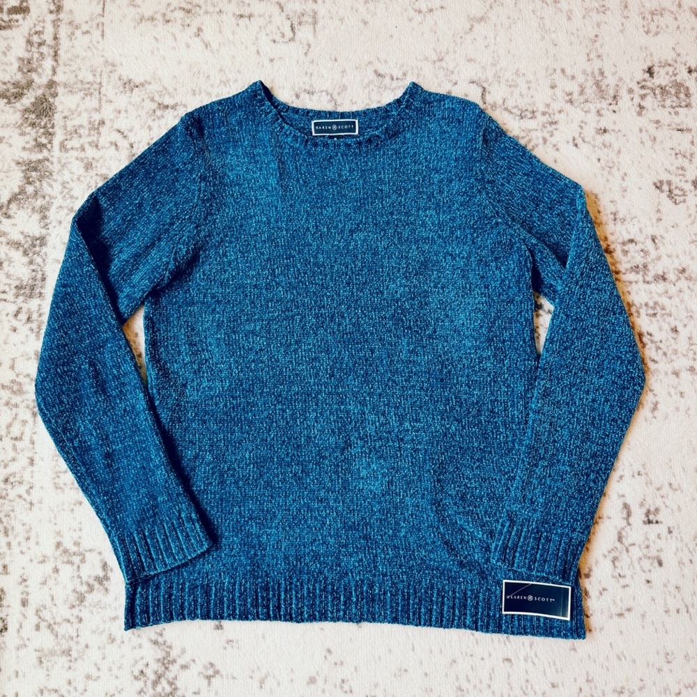 Karen Scott Chenille Sweater Women Medium Blue Aqua Lake Soft Cozy Pullover